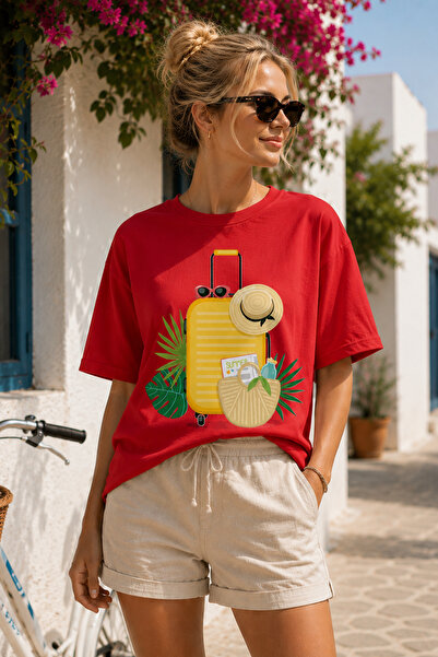 ArtYus Summer Vacation Suitcase Printed Crew Neck Unisex Oversize T-Shirt – H...