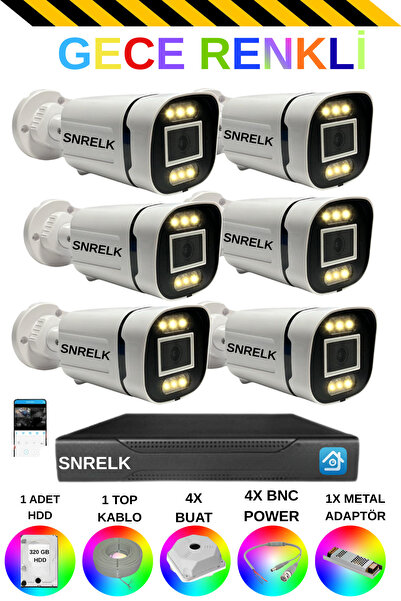 SNRELK 6'Lı Gece Renkli Yüz Tanıma Ve Hareket Algılamalı Full Hd Güvenlik Kamera Set