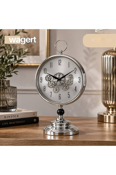 CEZVE HOME Standlı Çark Detaylı Krom Masa Saati - Retro Tasarım Standlı Salon...