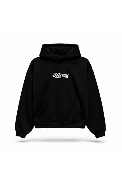 Siyah Oversize Nakış Detaylı Kapüşonlu Sweatshirt