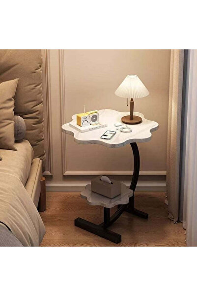 DEMAHO Măsuță de cafea laterală cu 2 niveluri, design floare, stil nordic minimalist, alb, 40×30×62 cm