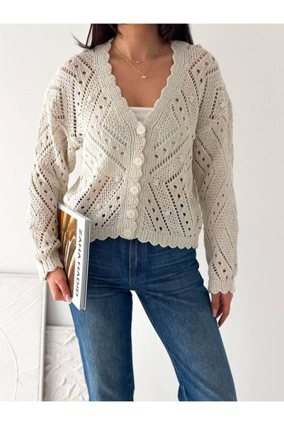 Budan Export Women's Ecru Openwork Scallop Edge V-Neck Buttoned Long Sleeve Knitwear Cardigan