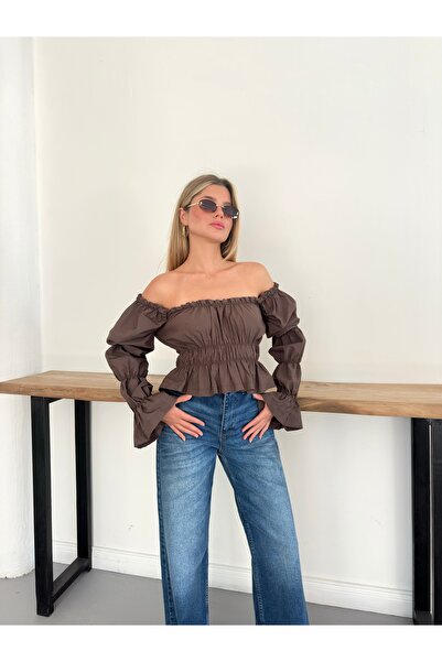 MODAMERSİ Women's Brown Madonna Collar Ruffle Detailed Blouse
