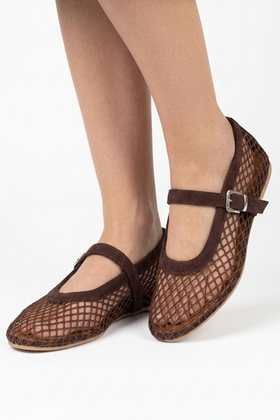 Eysha Korix Women's Coffee-Colored Fishnet Mesh Ballerina Mary Jane Buckle Su...