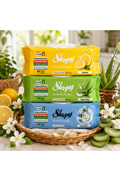 Sleepy Ferah Ev 3'lü Yüzey Temizleme Mendili Limon Aloe Vera Yasemin