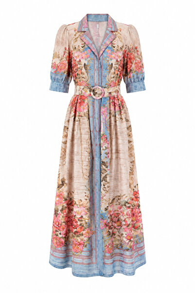 Julidress Rochie din in premium, lungime midi, cu curea și detalii cu nasturi