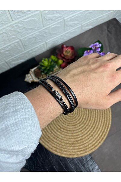 WAKHA Black Leather Knitted, Natural Stone and Bead Detailed Multiple Men's B...