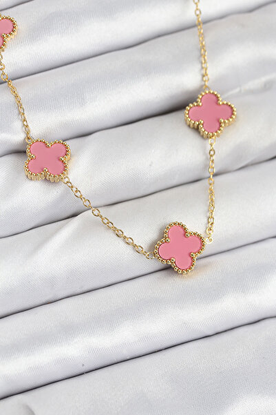 OGHAMAY 316L Steel Chain Gold Pink Color Clover Women Necklace