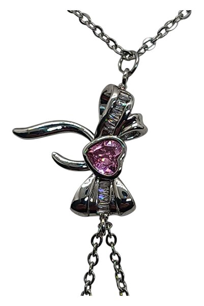 OGHAMAY Silver Color Pink Stone Bow Steel Shahmeran - 3560