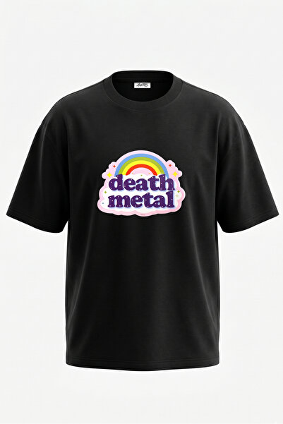 Anetos Tricou oversize negru din bumbac cu imprimeu pe spate Death Metal Design