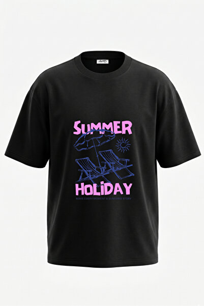 Anetos Summer Holiday Design Back Printed Cotton Black Oversize T-Shirt