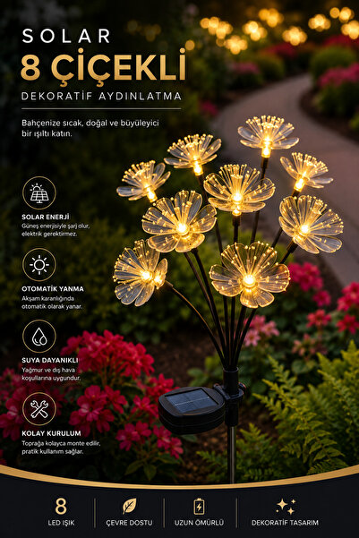 Deconitte Solar 8 Çiçekli Bahçe Aydınlatması, Güneş Enerjili LED Dekoratif Çi...