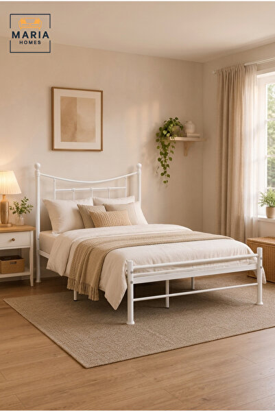 MARIA HOMES إطار سرير معدني عصري - سرير منصة من الفولاذ الأبيض مع لوح رأس للغ...