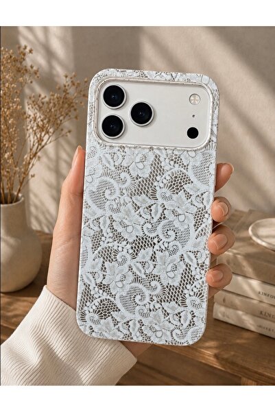 OVADA İphone 17 Pro Uyumlu Beyaz Dantel Desenli Silikon Telefon Kılıfı