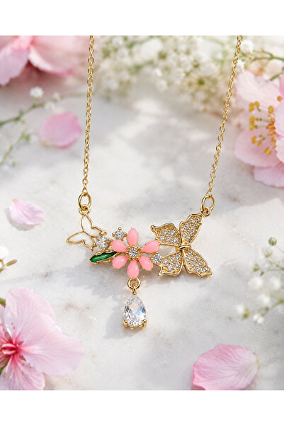 Sylvera Shop Butterfly Garden Pink Flower Steel Necklace (Gold Color)