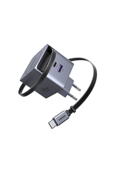 Ugreen 45W GaN Ταχυφορτιστής με Ανασυρόμενο Καλώδιο USB-C, USB-C & USB-A, Γκρι