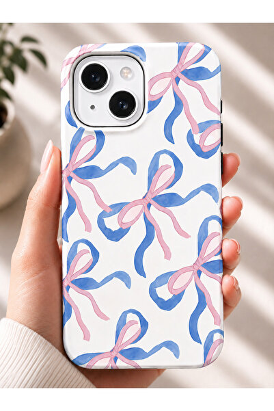 OVADA İphone 13/14/15 Uyumlu Mavi Pembe Kurdele Desenli Silikon Telefon Kılıfı