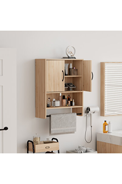 HayaBazaar 48*20*61cm Minimalist Oak Wall Storage Cabinet with Towel Rack, Wa...