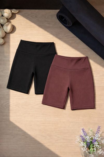 SANTAMİLA Pack of 2 Brown and Black High Waist Short Biker Leggings