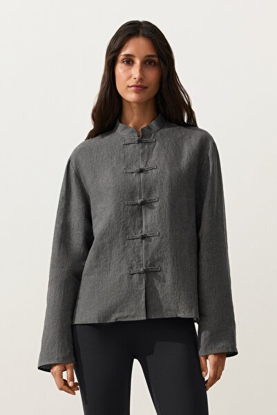Oysho Striped 100% linen stand-up collar shirt