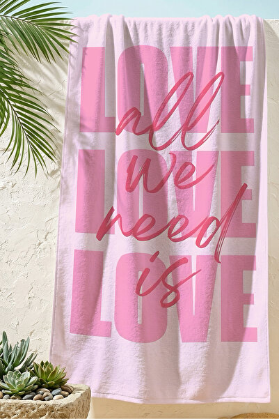 Evimde Bambaşka Love Written Pink Beach Towel - Prosop din microfibră cu usca...