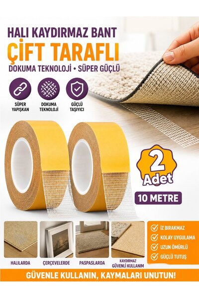 Dünya Magnet 2 Adet 10 Metre Halı Kaydırmaz Bant Çift Taraflı Dokuma Teknoloj...