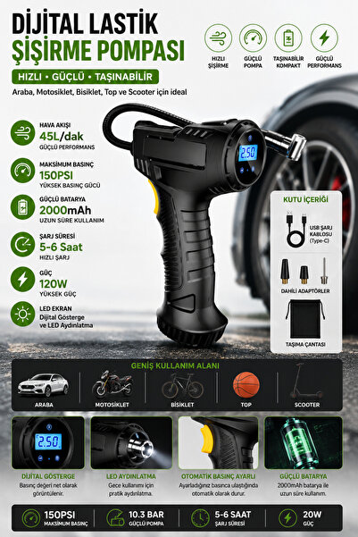 GudeX Dijital Lastik Şişirme Pompası USB Şarjlı Otomatik Basınç Ayarlı LED Ek...