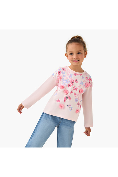 Juniors Crew Neck Long Sleeve T-shirt with Floral Applique