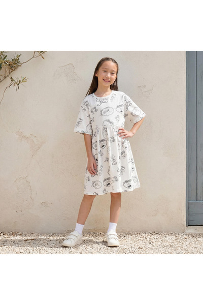 Juniors Round Neck Short Sleeves A-line Dress with Floral Print