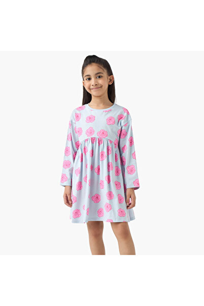 Juniors Round Neck Long Sleeves Dress with Floral Print