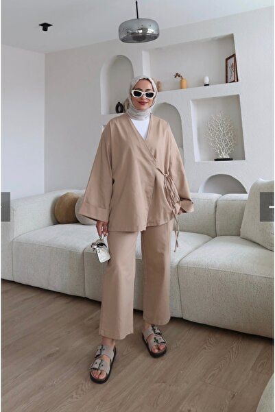 NURİVASTORE Baglama Detayl Kimono TAKIM kahve