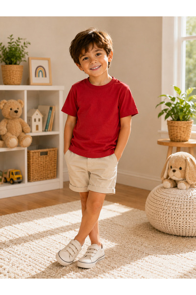 BAHNUR Unisex Kids' Basic Red Short Sleeve T-Shirt – Cotton Crew Neck Casual ...