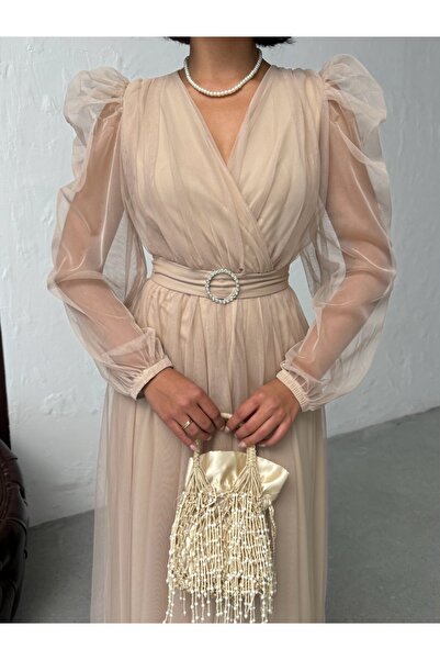 ADAMODA.RO Rochie lungă elegantă cu accesoriu din tul la talie
