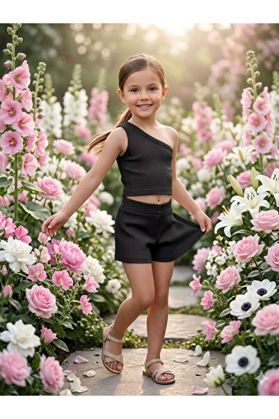 HEREN Siyah Beyaz 2'li Ribana Crop Top Atlet Seti Kız Bebek/Çocuk/Anne Tek Om...