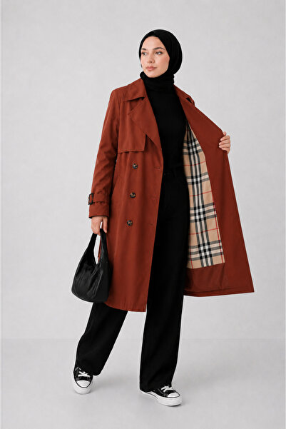 GİYİYORUM Women's Long Trench Coat Belted Lined Buttoned Water and Wind-Resis...