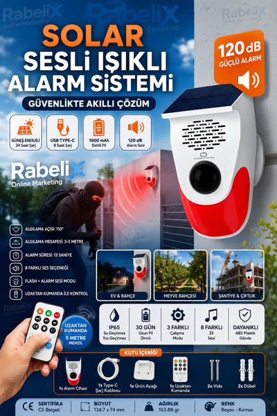 Rabelix Online Marketing Solar Sesli Işıklı Alarm Sistemi 120dB Hareket Sensö...
