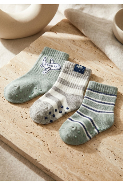 Katia&Bony 3-Piece Airplane Patterned Baby Socks Green Mix