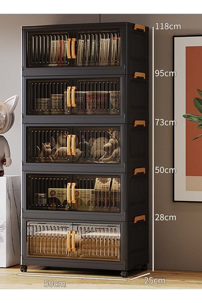 CozyBox Black Foldable Storage Cabinet with Transparent Ribbed Panels, Double...