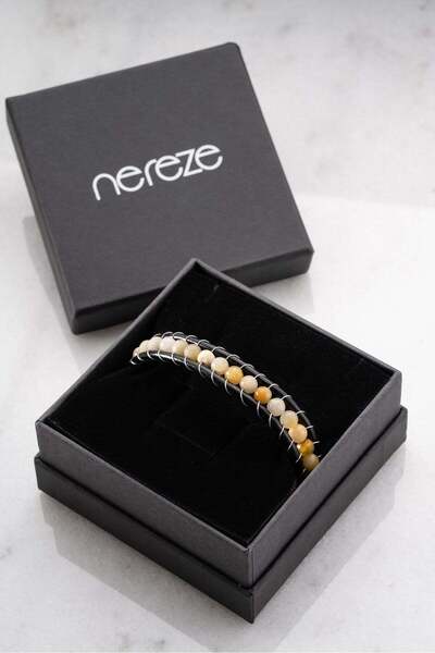 Nereze Chrome Plated 6 mm Yellow Ceyd Natural Stone Men's Leather Bracelet