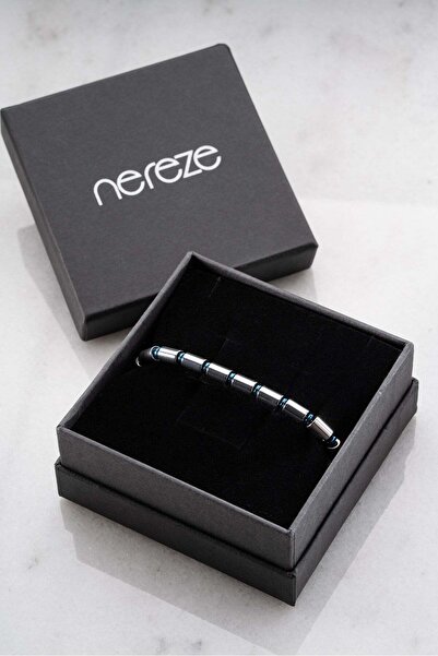 Nereze Silindir Model Hematit Doğal Taşlı Erkek Çelik Bileklik