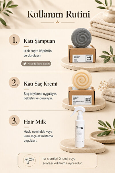 3’lü Saç Bakım Seti Katı Şampuan Katı Saç Kremi Hair Milk Durulanmayan Krem Kepeğe Karşı Etkili ve Kolay Tarama