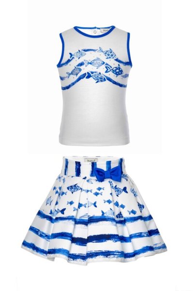 Pamina Baby Girl Fish Print Sleeveless Top and Pleated Skirt Two-Piece Set - Birthday, Summer Party, Holiday (9m, 12m, 18m, 24m, 36m) 311001Ca