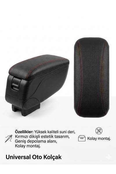 Ars Oto Universal Oto Kolçak Kırmızı Dikişli Suni Deri - Geniş Depolama