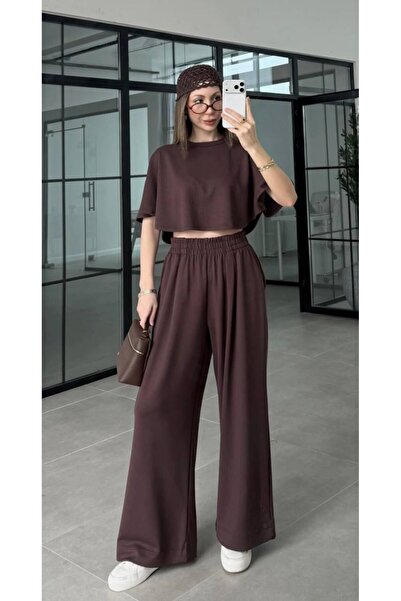 Olbia Women's Brown Crop Blouse Casual Pants Modal Set