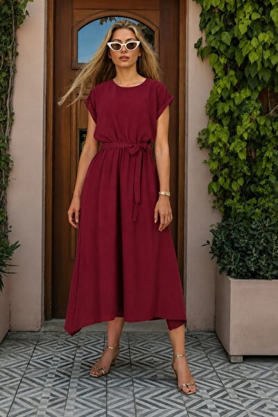 armonika Women's Burgundy Elastic Waist Tie Dress Arm-26Y001122