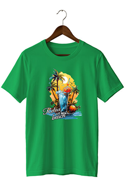 WİDİ Unisex Summer Themed Beach Printed Crew Neck Casual Cotton T-Shirt