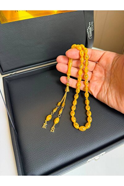 Kehribarstore Altın Parçacıklı Tesbih, Premium Kutu Ve Özel Harf Eklemeli, Erkek, Hediye, Kutuyaisim