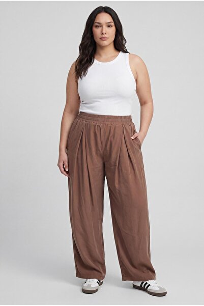 Ebsumu Women's Plus Size Loose Fit Pleated Brown Pants
