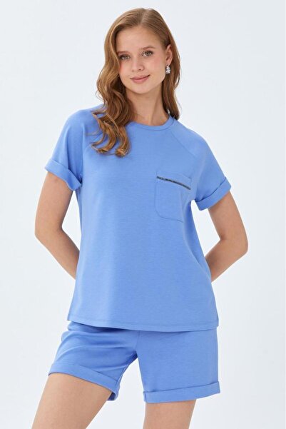 İKİLER Yuvarlak Yaka Cep Detaylı Duble Kol S-Shirt 026-2116