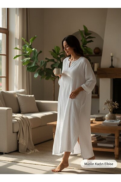 CESSTORE فستان نسائي من الموسلين مصنوع من القطن بنسبة 100%، ذو طبقتين، مقاس ق...